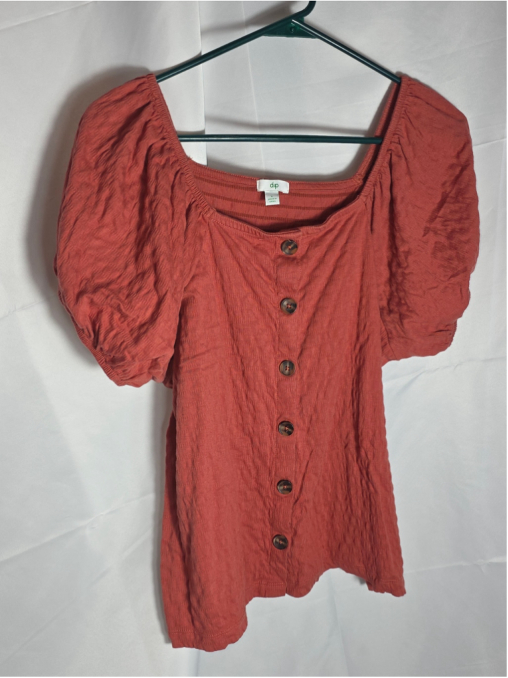 Women's Dip orange Red Puff Sleeve Button-Down Blouse Size L boho-chic casual
